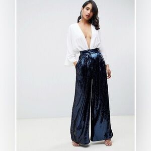ASOS White and Navy Sequin Wide Leg Jumpsuit